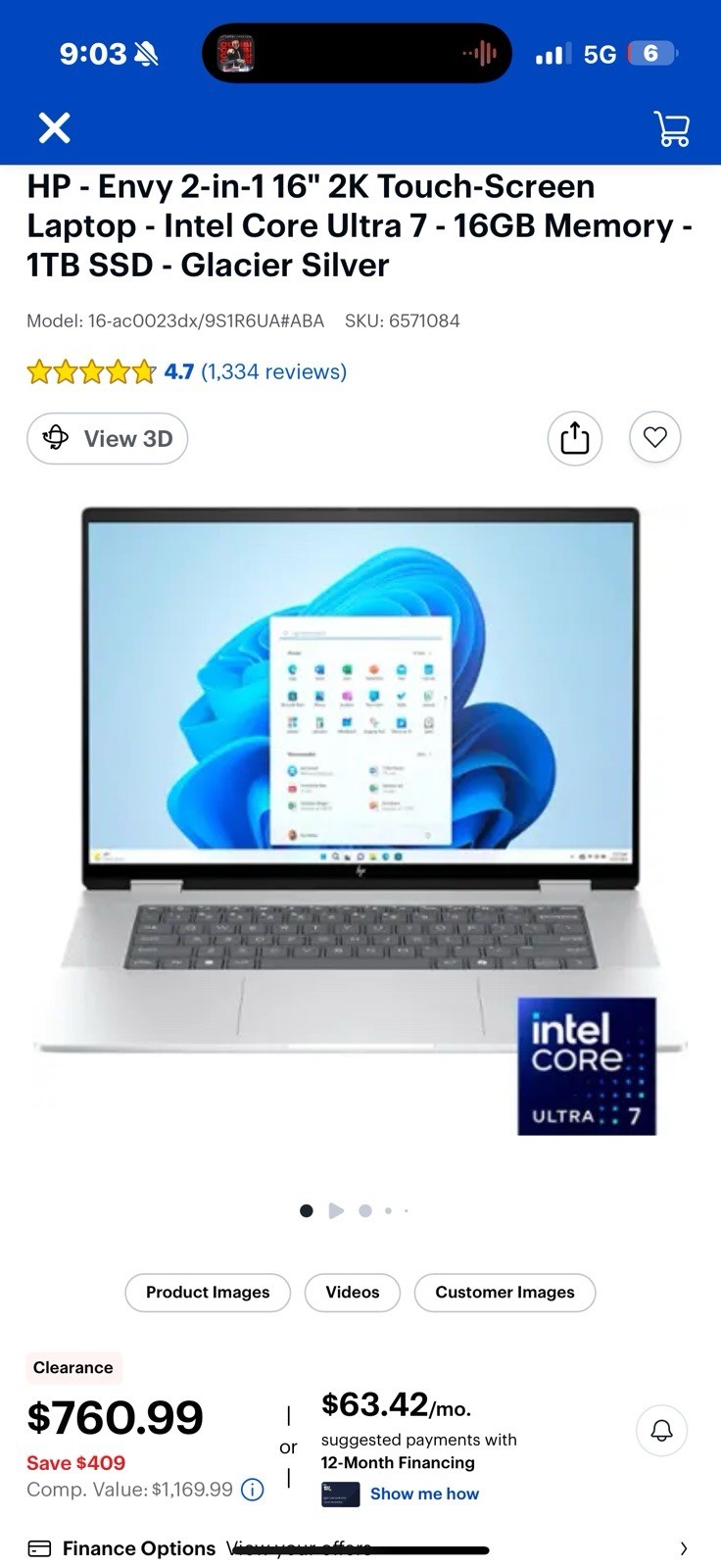 HP Envy 2-in-1 16″ 2K Touch-Screen Laptop Intel Core Ultra 5, 16GB RAM