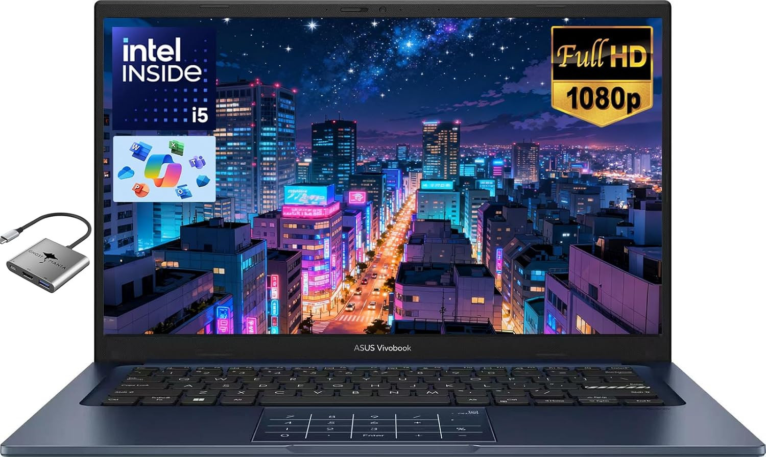 ASUS Vivobook Laptop, 14″ FHD Display, I3-1215U, 16GB RAM, 512GB SSD, Wi-Fi 6, H
