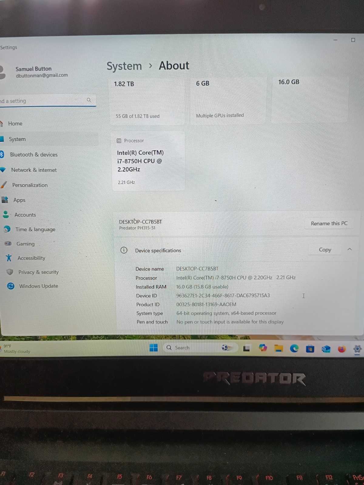 Acer Predator Helios 300 N17C1 Laptop Complete with Charger, 2 TB ssd