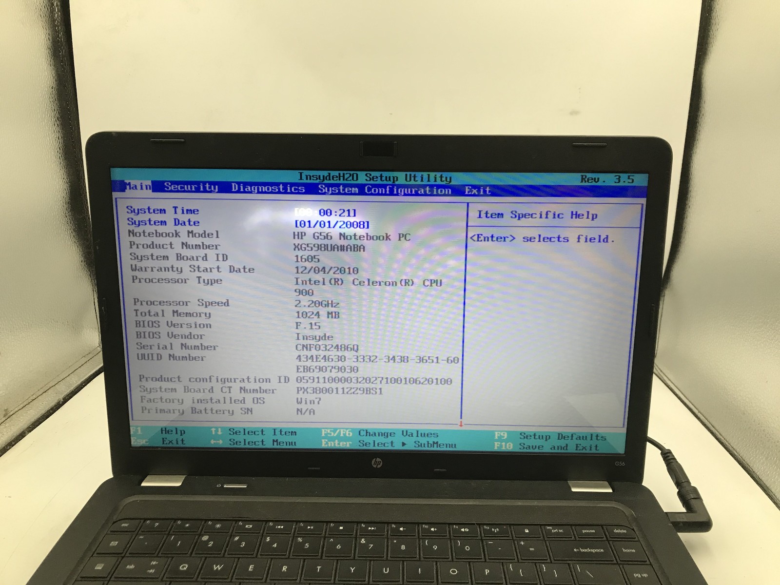 HP G56 129WM NOTEBOOK – BOOTS TO BIOS – INTEL CELERON – NO RAM -READ DESCRIP- BB