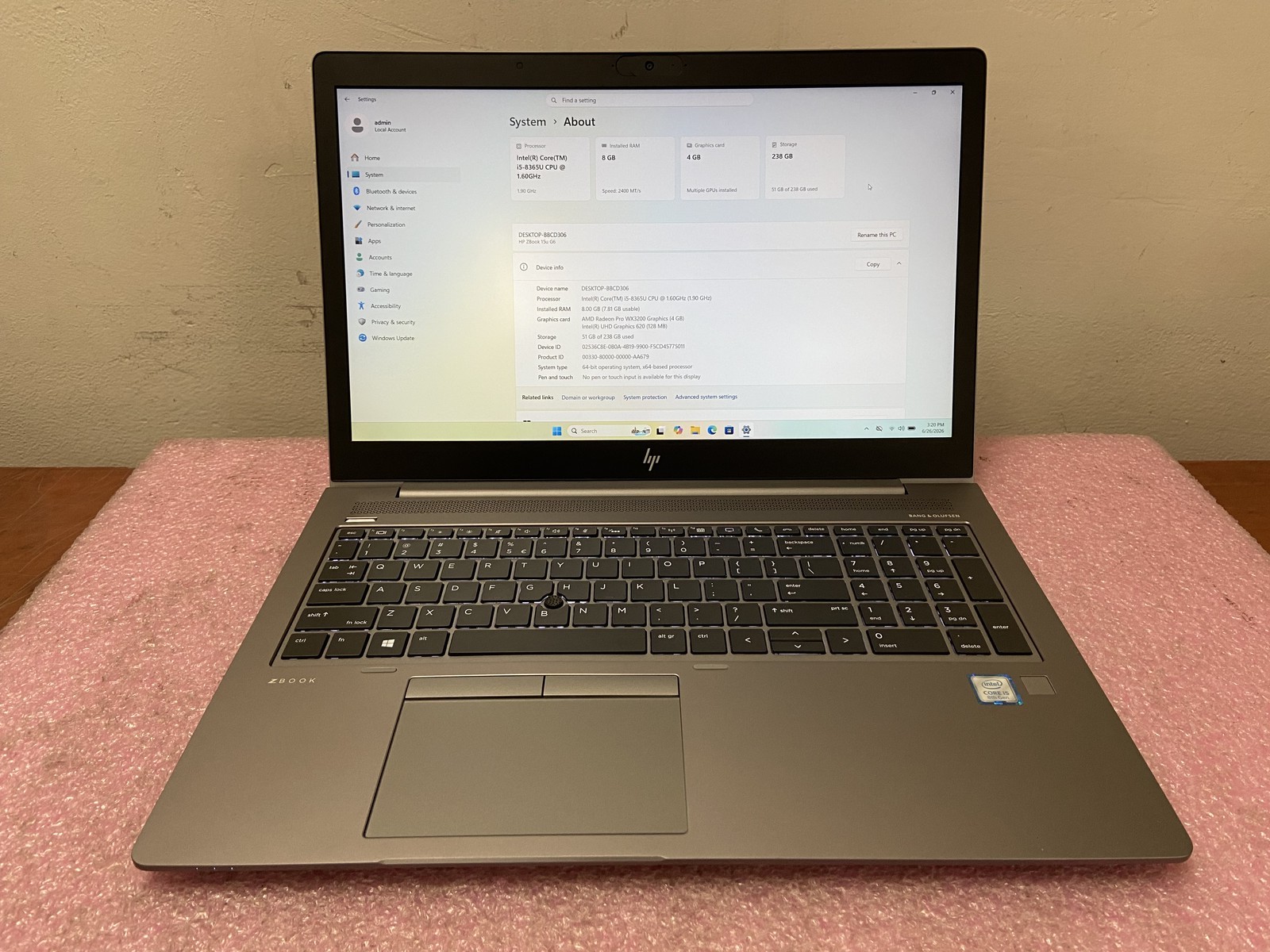 HP ZBook 15u G6 15.6″ i5-8365U 8GB RAM 256GB SSD Win 11 Pro WX3200 – CLP40A