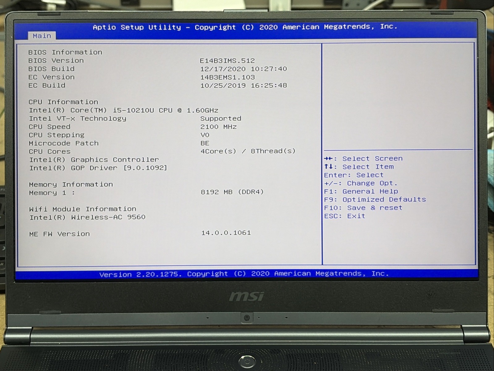 MSI Modern 14 MS-14B3 i5-10210U 1.6GHz 8GB RAM No SSD/OS
