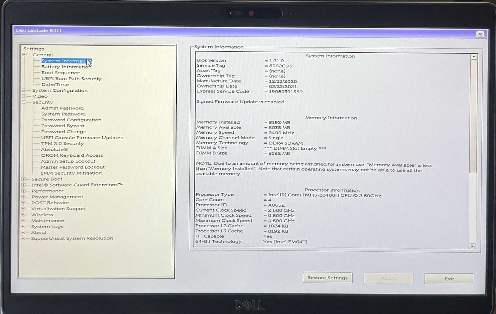 Dell Latitude 5411 14” FHD i5-10400H 2.60GHz 8GB READ