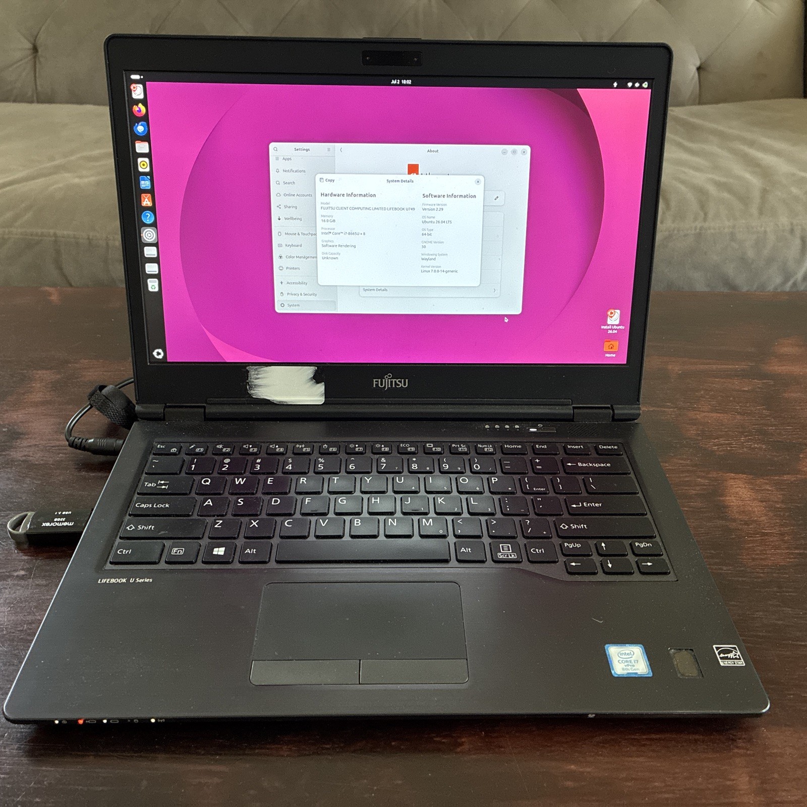 Fujitsu Lifebook U749 14″ i7-8665U 4.80GHz 16GB Ram – No SSD / Read Descrip