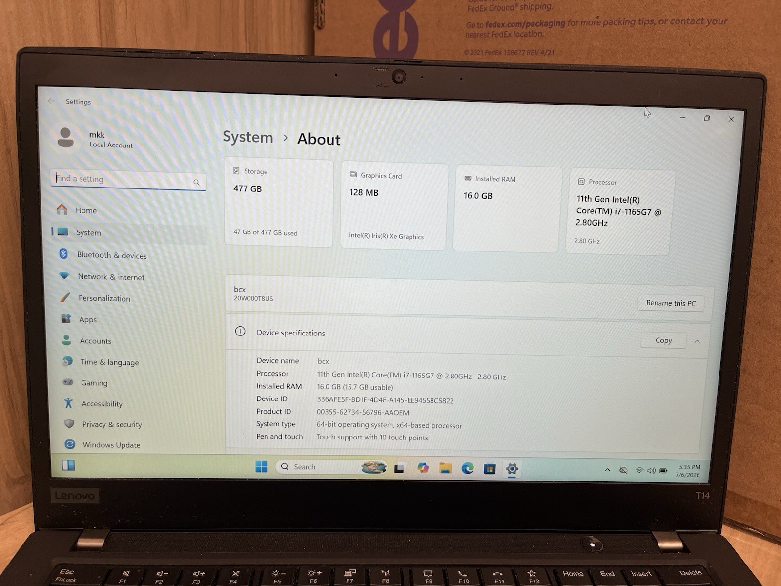 Lenovo ThinkPad T14 Gen 2 14 500SSD Intel Core i7-1165G7 2.8GHz 16GB Touchscreen