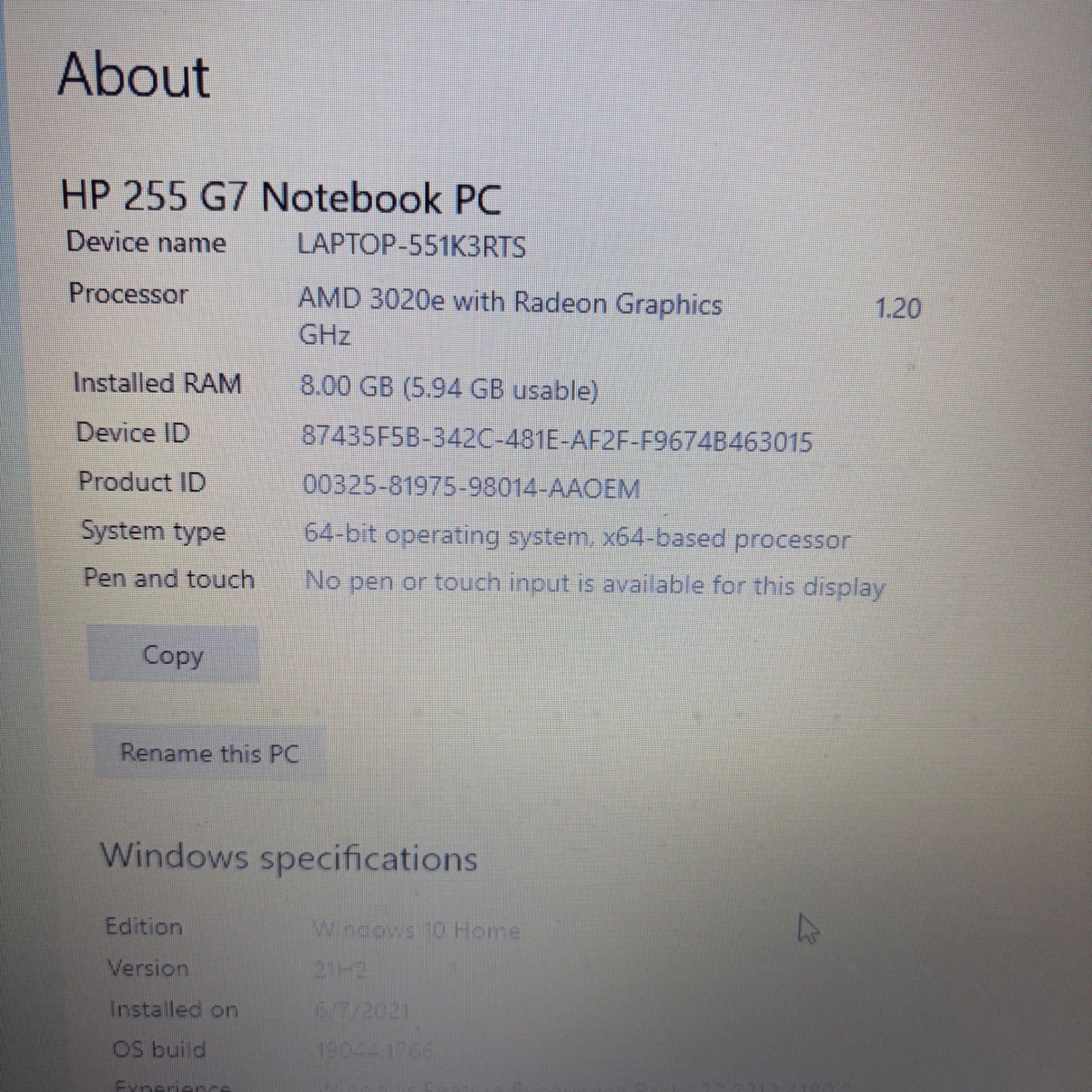 HP 255 G7 Laptop AMD 3020e 1.2GHz 8GB RAM 15.6″ Windows 10 Dark Ash Silver