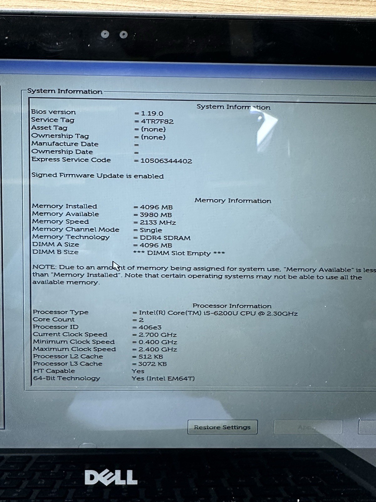 Dell Inspiron P69G I5-6200u 2.30GHz 4GB RAM 1TB HD (FOR PARTS OR REPAIR)
