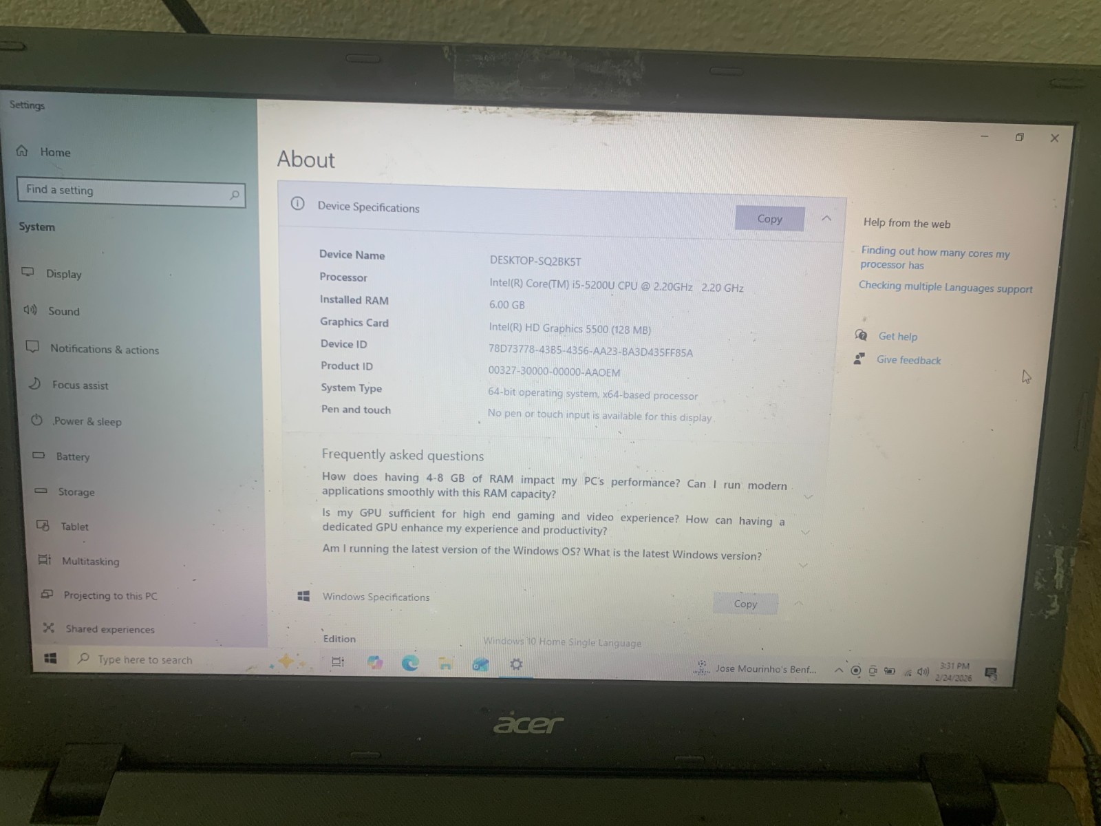 Acer Aspire E5-573-57PW 15.6″ Intel Core i5-5200U 2.20GHz 6GB RAM 500GB HDD
