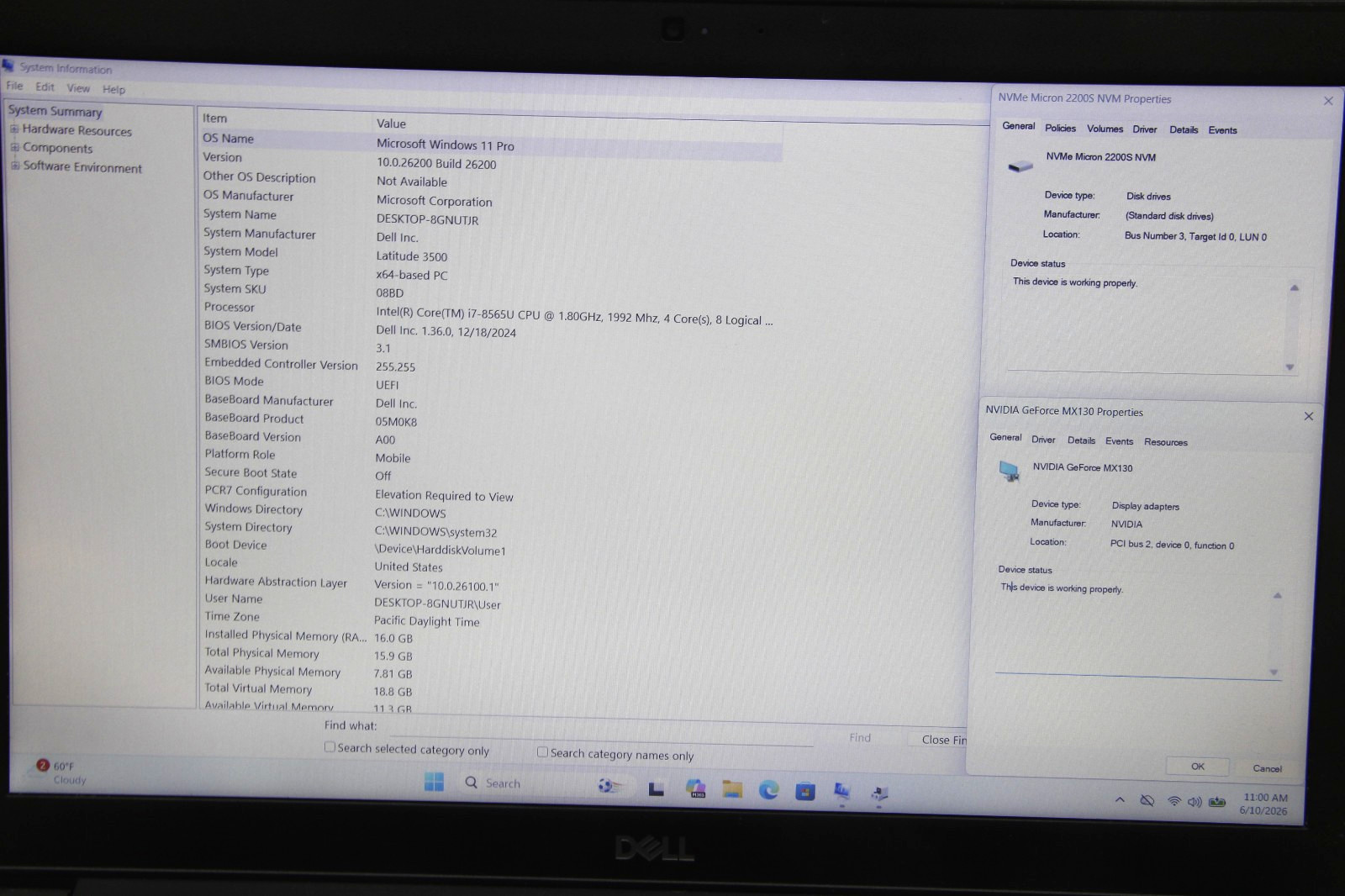 Dell Latitude 3500 15.6″ Laptop i7-8565U 16 GB RAM 256 GB SSD Win 11 w/Charger