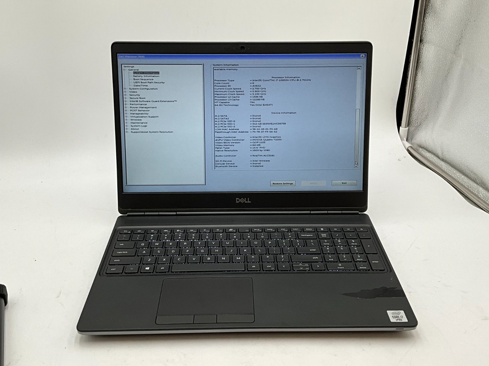 DELL Precision 7550 i7-10850H 2.70gh 32GB 512GB T2000 15.6″ LAPTOP 1JXS4D3