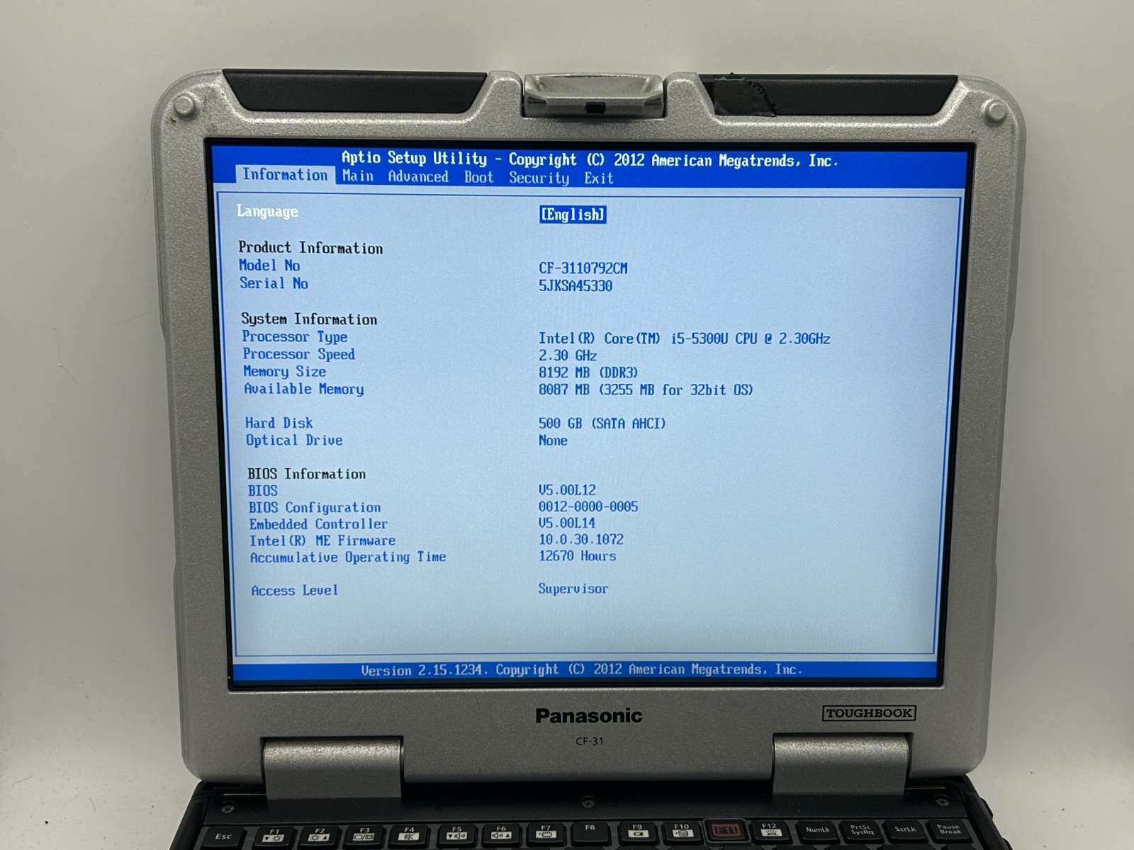 Panasonic Toughbook CF-31 MK5 Laptop i5-5300U 2.30GHz 8GB RAM 500GB HDD NO OS