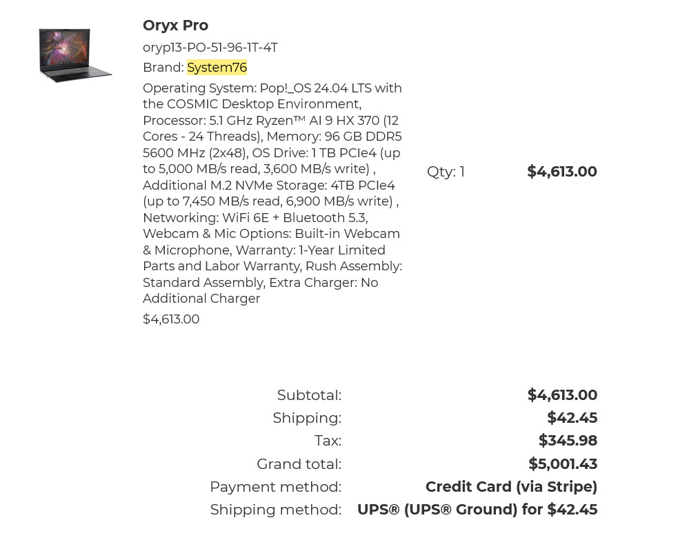 System76 Oryx Pro 16″ Ryzen AI 9 HX 370 96GB RAM Pop!_OS