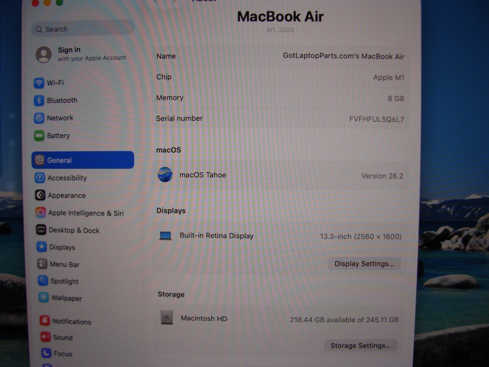 Apple MacBook Air A2337 13.3″ M1 (2020) 8CPU/7GPU 8GB 256GB OS TAHOE +Charger
