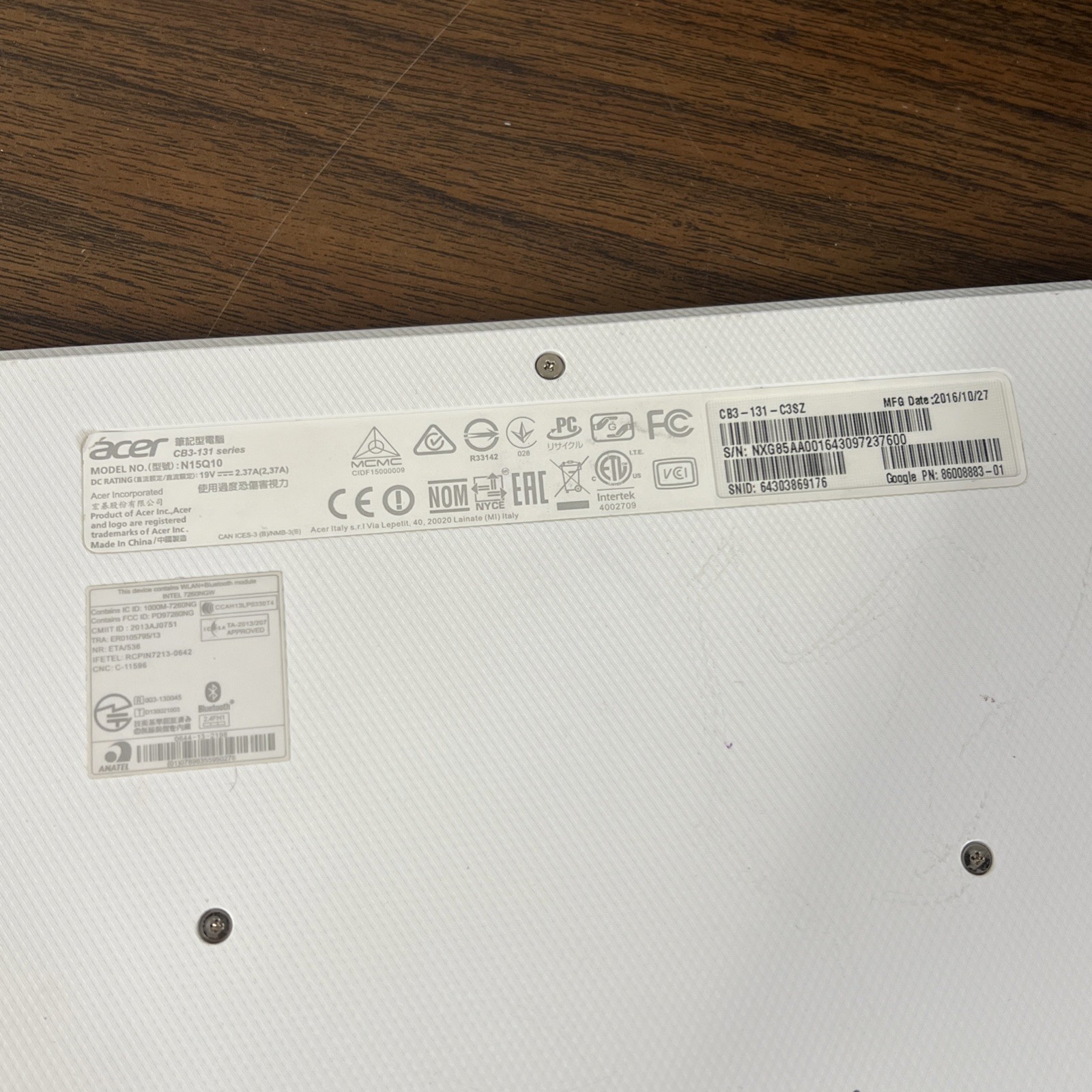 ACER CHROMEBOOK CB3-131 SERIES N15Q10 WITH CHARGER & CARRY CASE