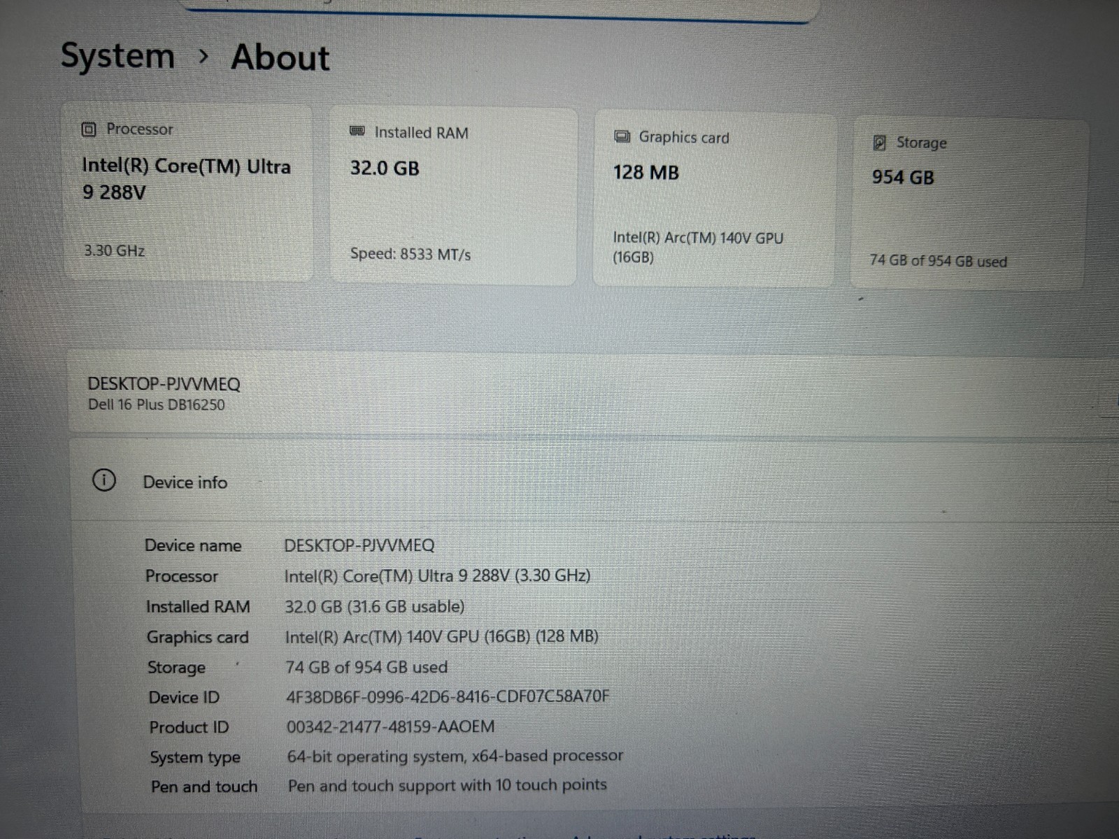 DELL 16 DB16250 VPVXG, Intel Core Ultra 9 288V, 3.30 GHz, 32 GB RAM, 1 TB NVMe