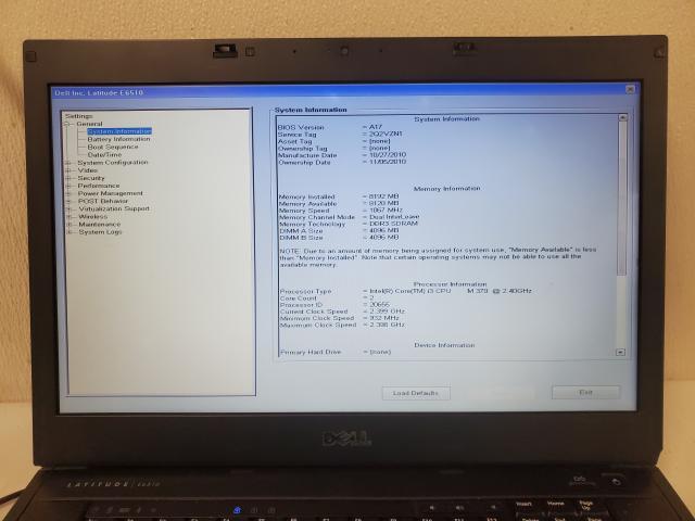 Dell Latitude E6510 Intel Core i3 M 370 2.4GHz 8192MB Laptop No HDD Case Damage