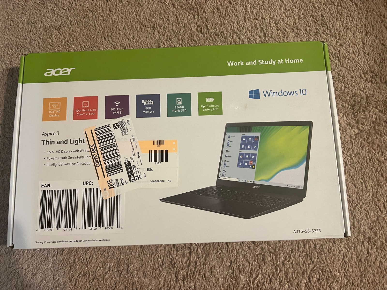 Acer Aspire 3 15.6” 256GB SSD, Intel Core i5-1035G1, 1.0GHz, 8GB RAM Laptop New