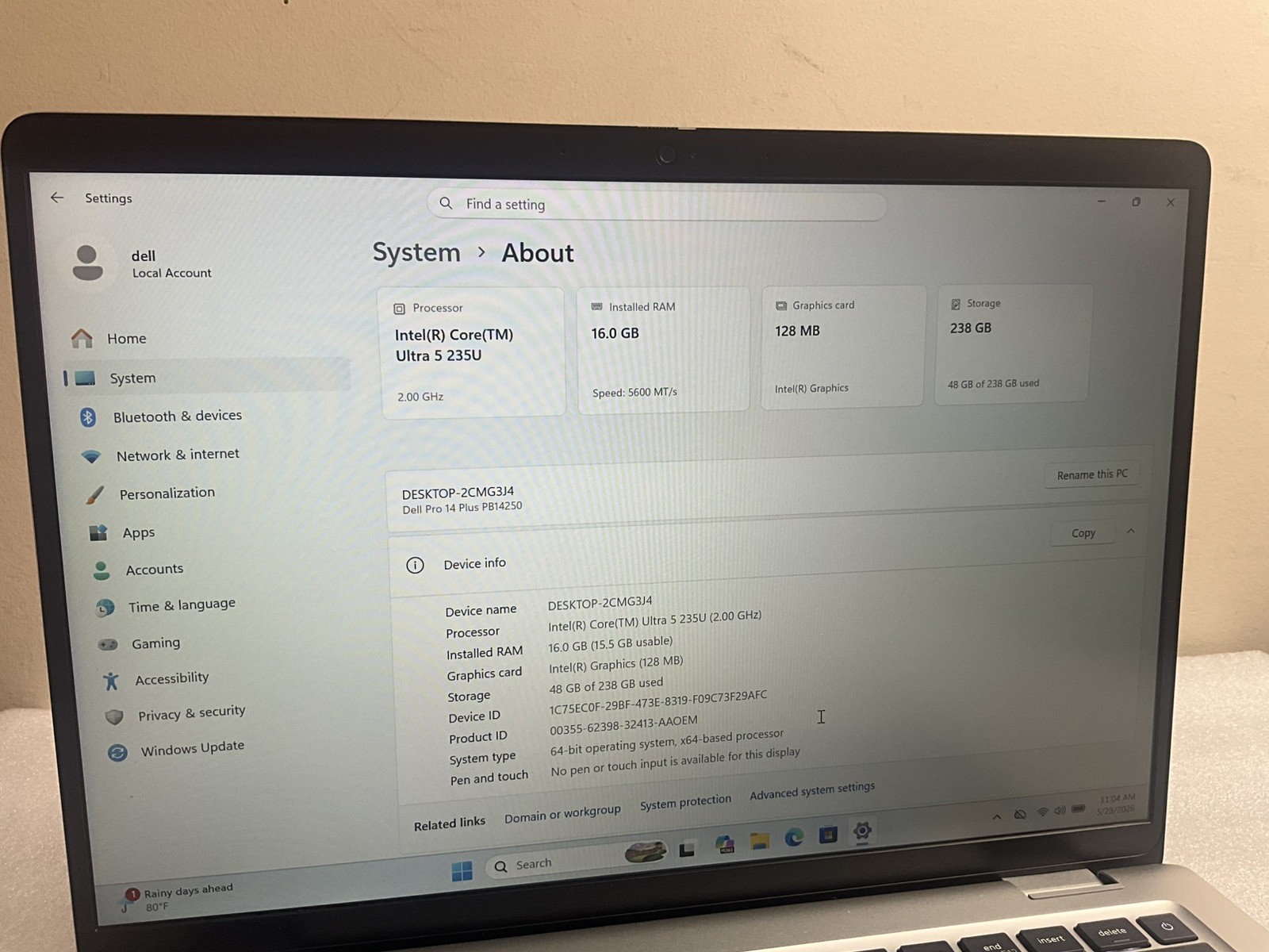 Dell Pro 14 Plus PB14250 14″ Core Ultra 5 235U 2.0GHz 16GB RAM 256GB SSD W11 Pro