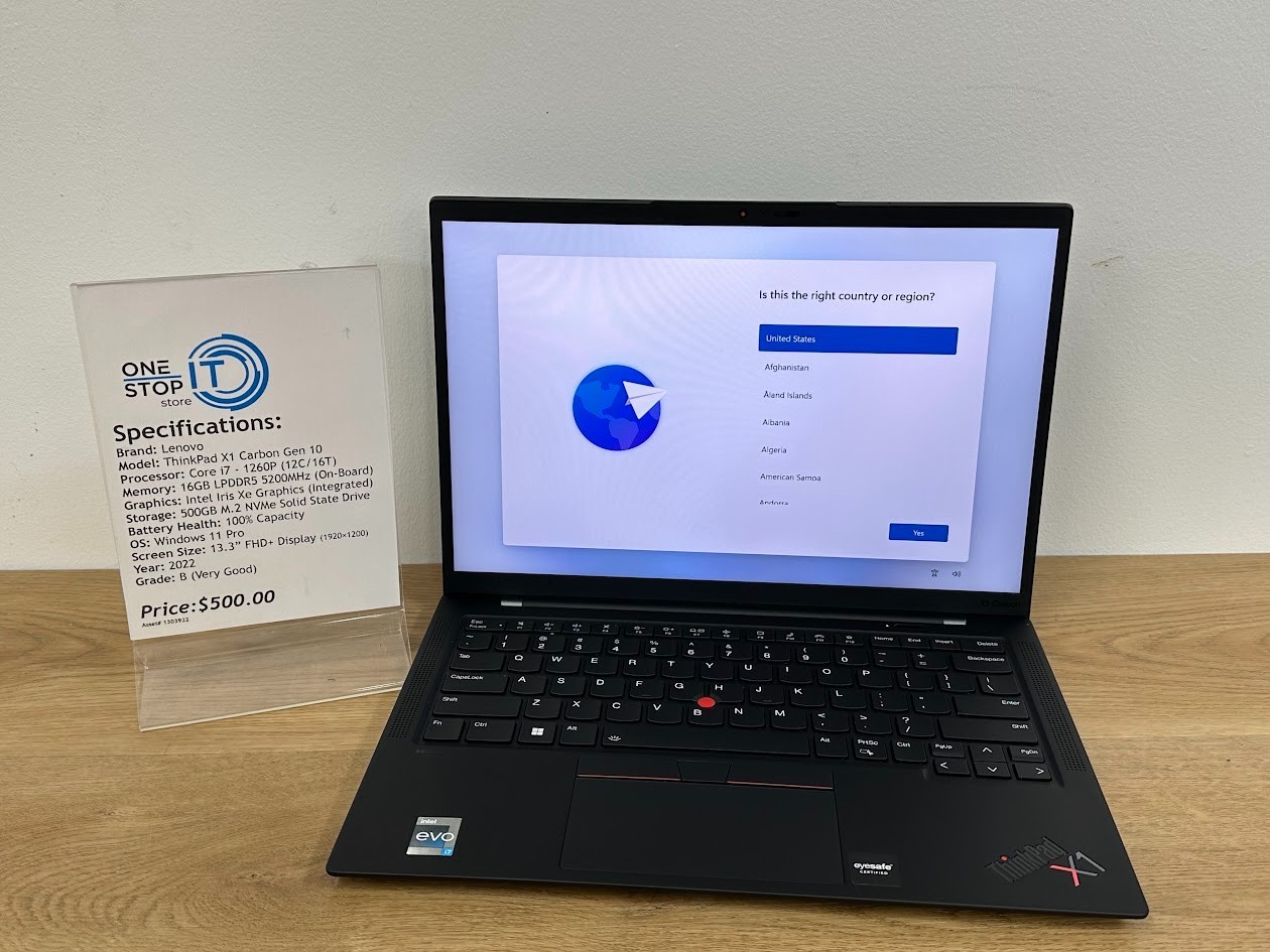 Lenovo ThinkPad X1 Carbon Gen 10, Core i7 1270P, 16GB LPDDR5 Iris Xe, 500 GB SSD