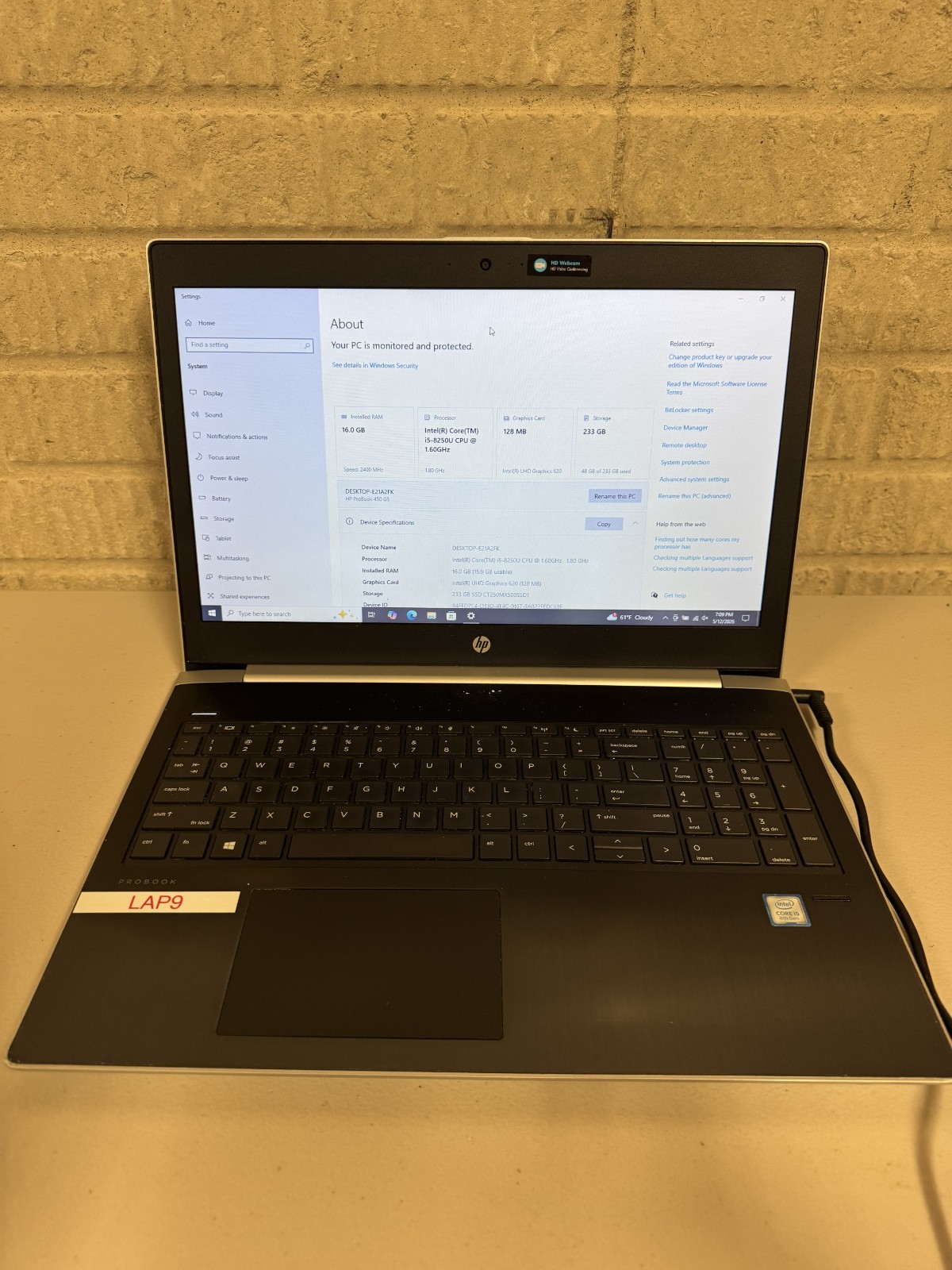 HP PROBOOK 450 G5 I5-8250U @ 1.6GHZ – 8gbRam – 256GB SSD – 15.6″ – Windows 11