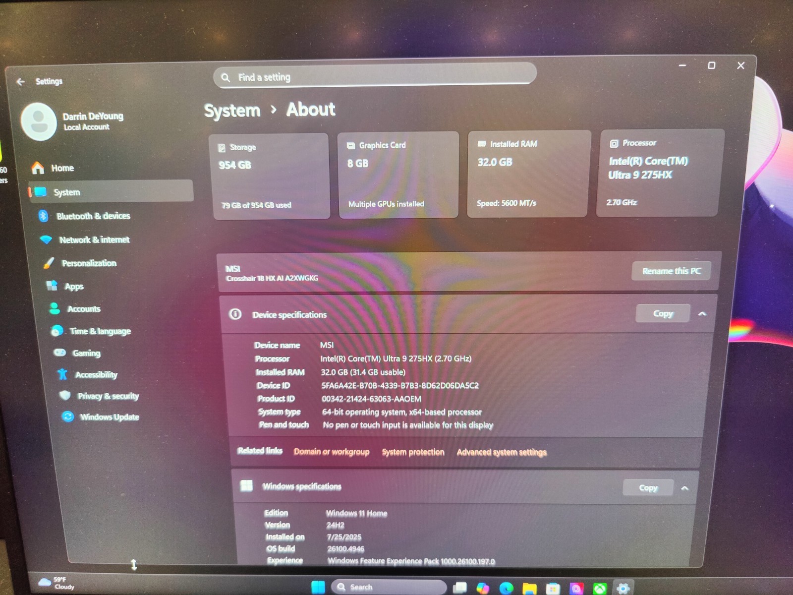 MSI Crosshair 18 HX AI Intel Ultra 9 275HX NVIDIA RTX 5070 32GB RAM 1TB NVMe