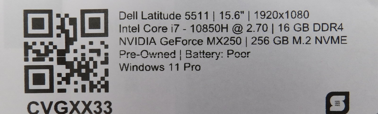Dell Latitude 5511 i7-10850H 16GB DDR4 256GB M.2 Win11 Pro w/AC