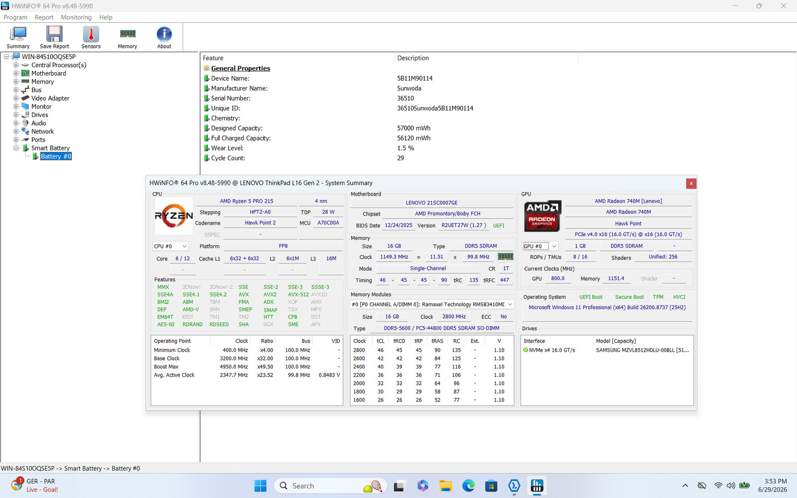 Lenovo ThinkPad L16 Gen 2 AMD Ryzen 5 PRO 215 w/ Radeon 740M Graphics