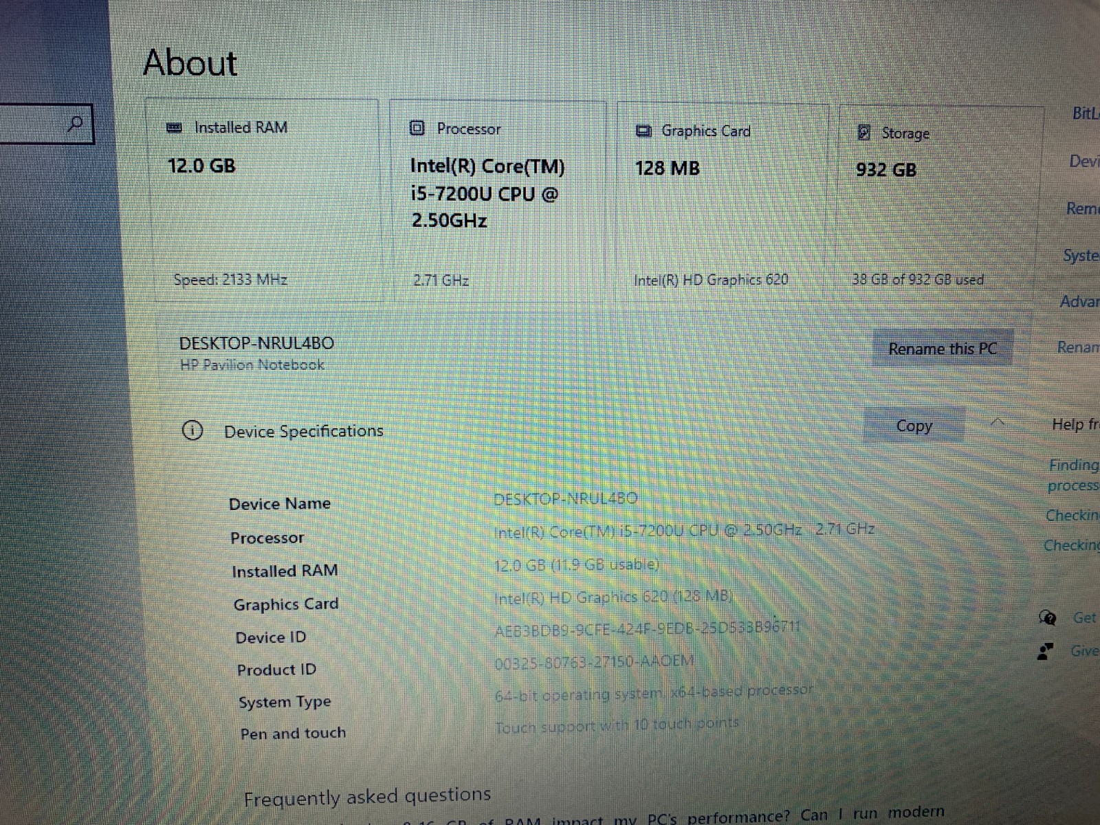 HP Pavilion 15-au123cl Laptop Intel Core i5-7200U 2.5GHz 12GB RAM 1TB HDD W10H
