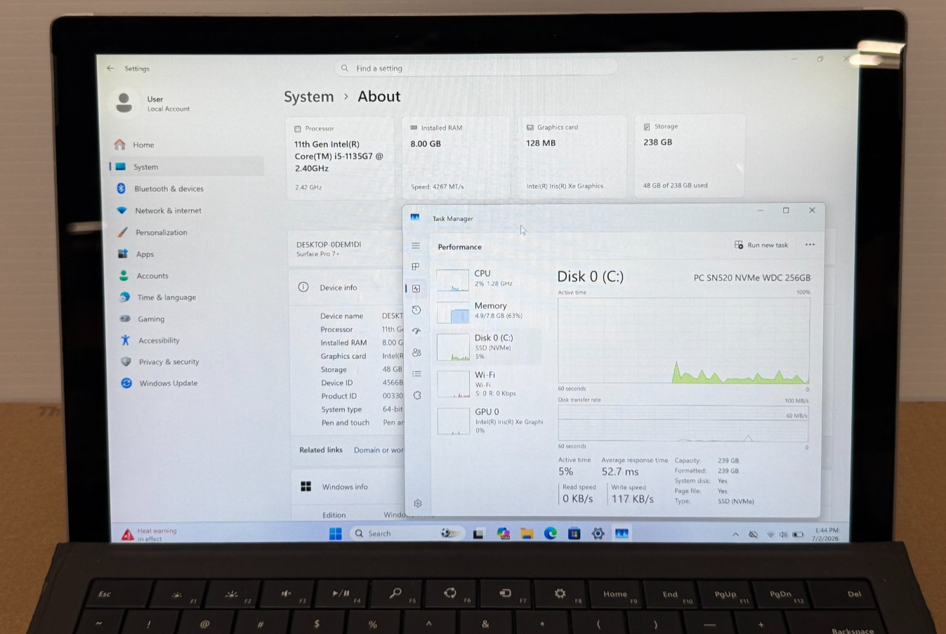 Surface Pro 7+ i5-1135G7 2.40Ghz 8GB M2-256SSD