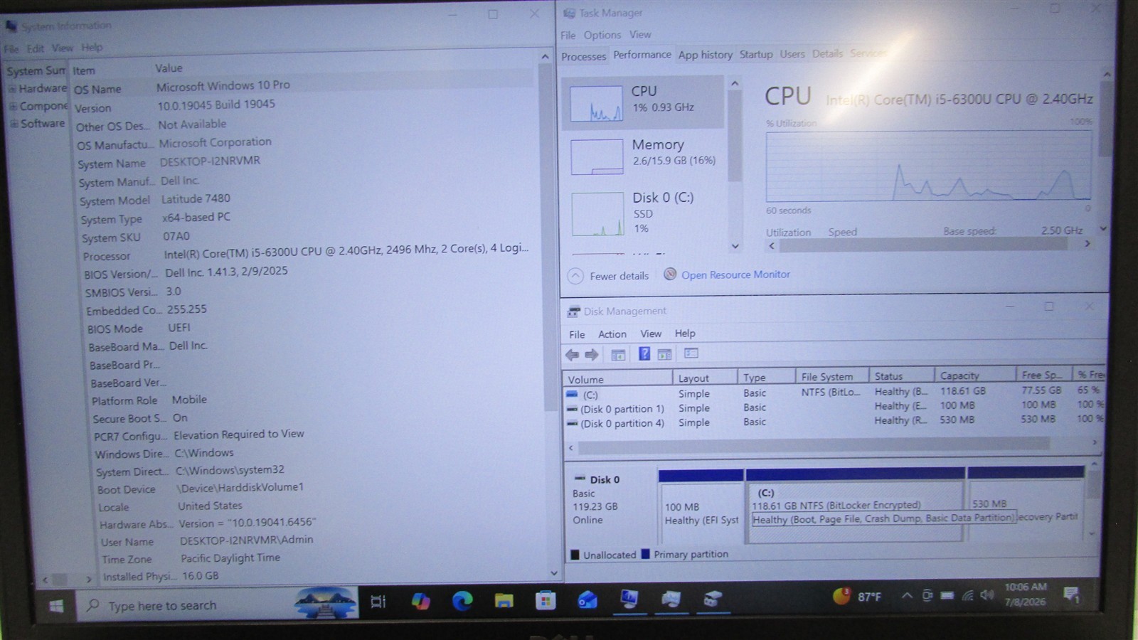 Dell Latitude 7480 i5-6300U 2.4GHz 16GB RAM 128GB m.2 14″ Win 10 Pro LOOSE PWR