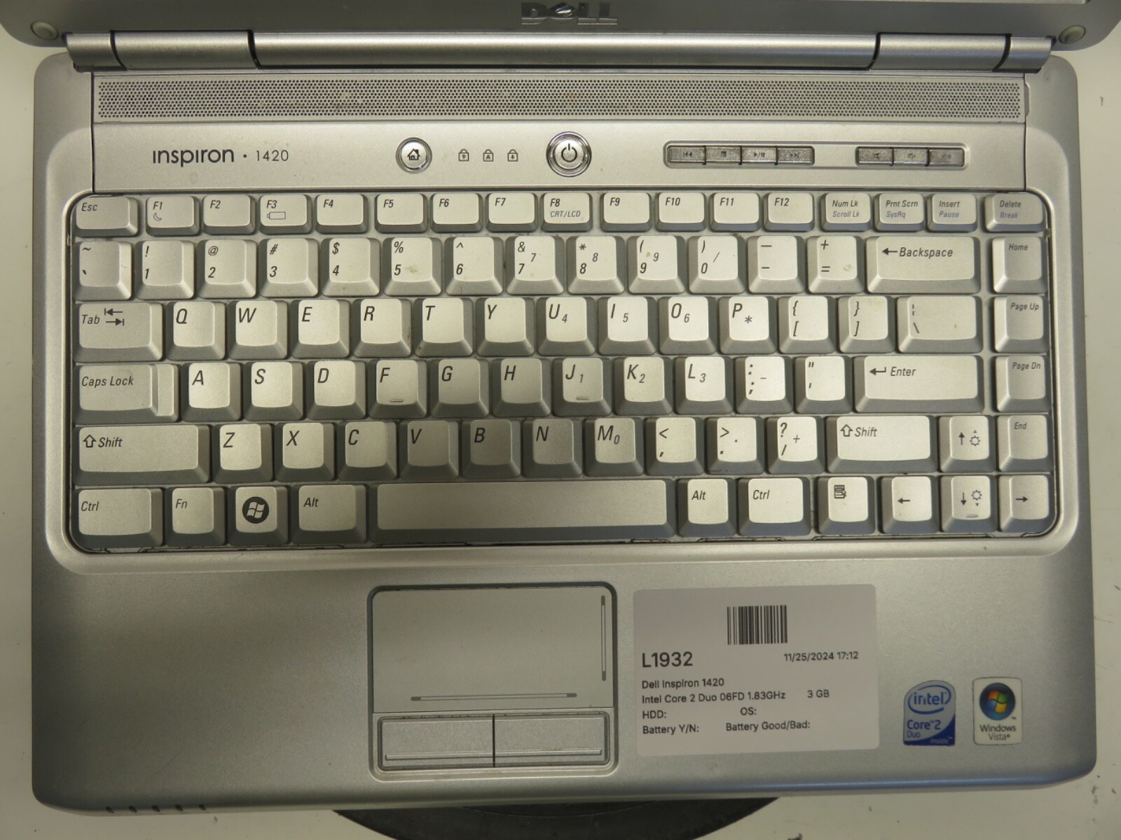 Dell Inspiron 1420 Intel Core 2 Duo 06FD 1.83GHz 3 GB NO HDD No Batt