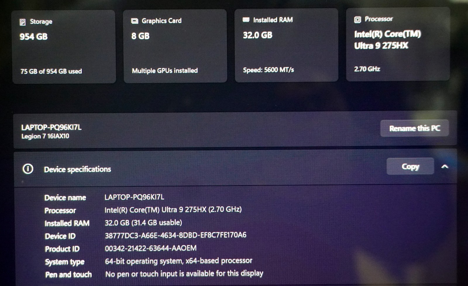 Lenovo Legion 7 (16IAX10) 16″, Intel Ultra 9 275HX, 32GB, 1TB SSD, 8GB RTX5060