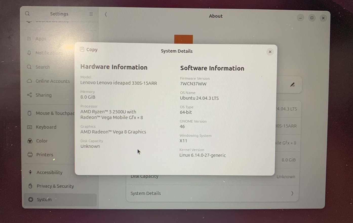 Lenovo Ideapad 330S, AMD Ryzen 5 2500U @ 2.0GHz, 8GB RAM, No SSD/OS