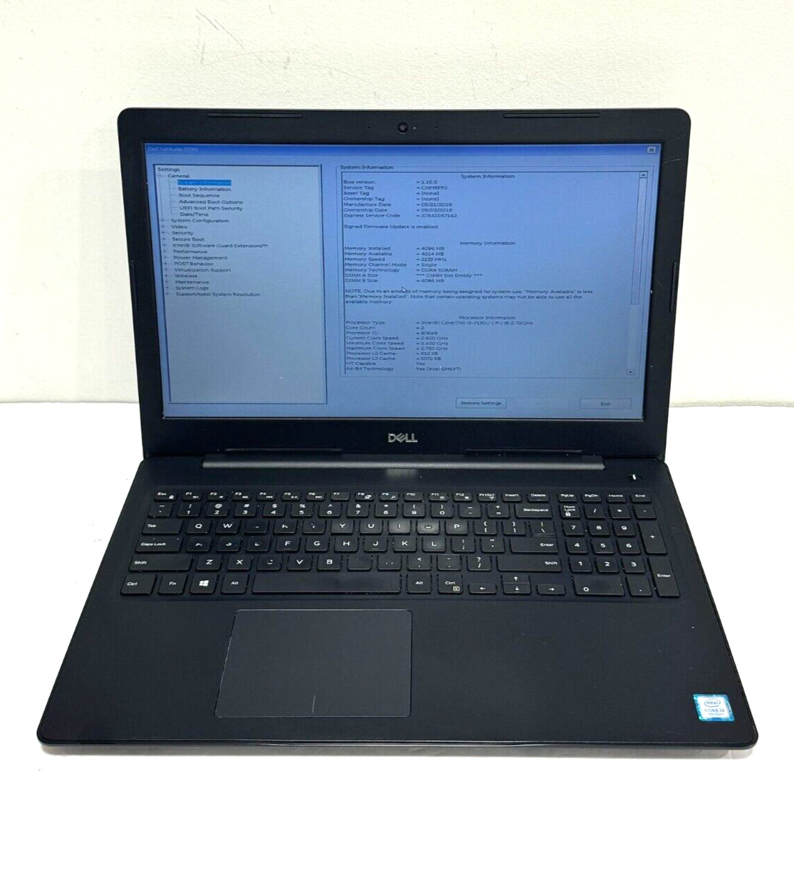 Dell Latitude 3590 Core i3-7130U 2.7 GHz 4 GB NO SSD/ NO CHARGER