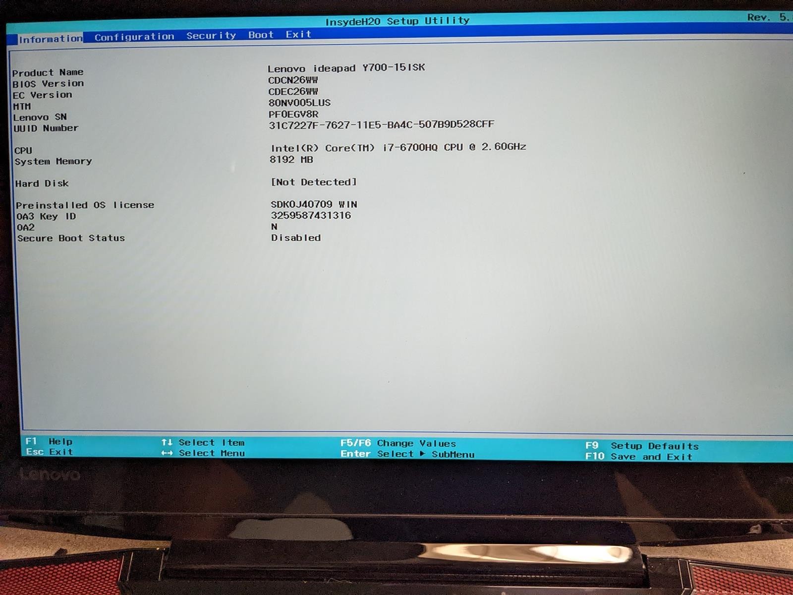 LENOVO Y700-15ISK i7-6700HQ @ 2.60GHz, 8GB RAM, NO HDD/OS