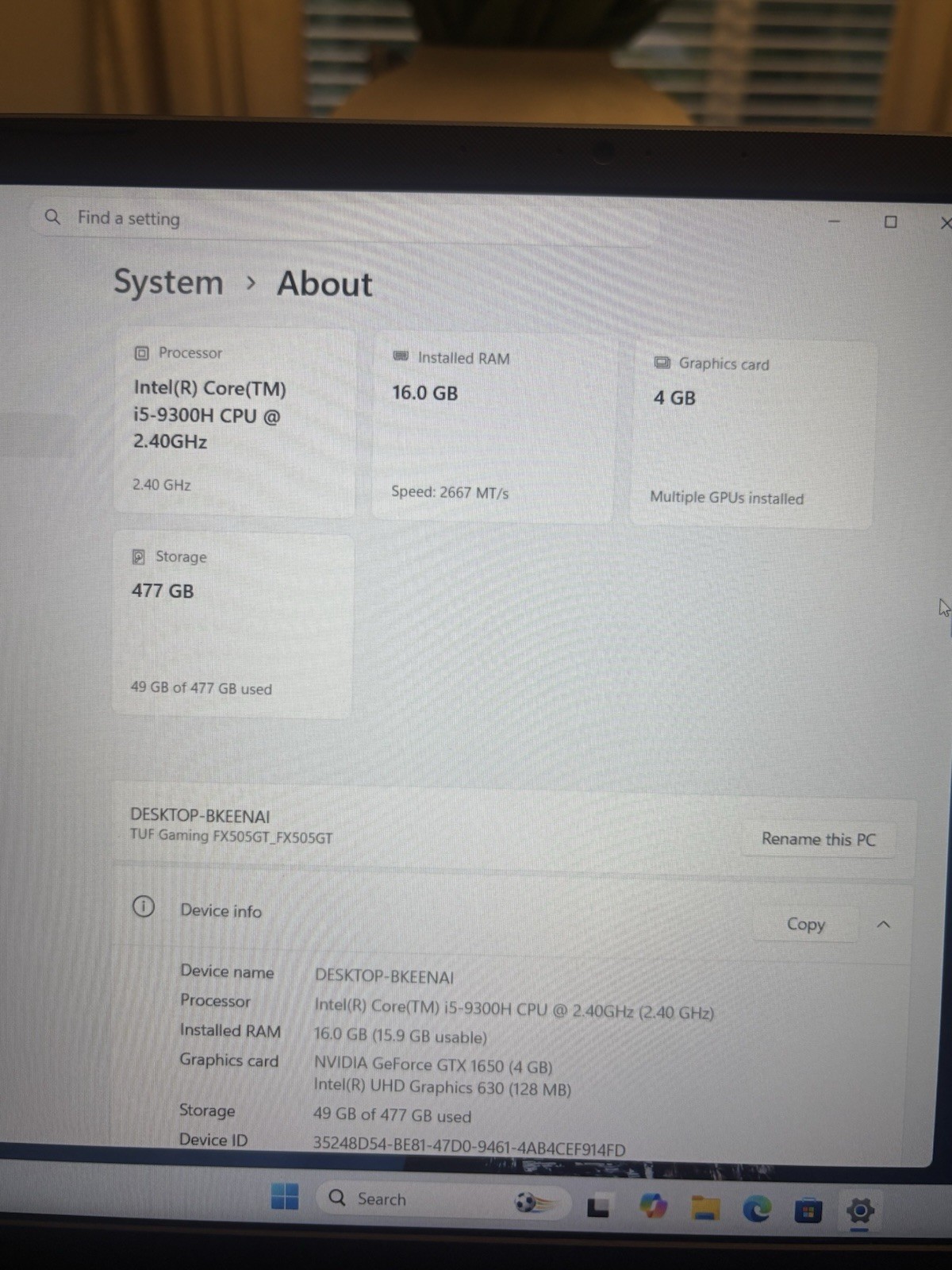 ASUS TUF Gaming FX505G i5-9300H GTX 1650 16GB RAM 512GB SSD With Charger