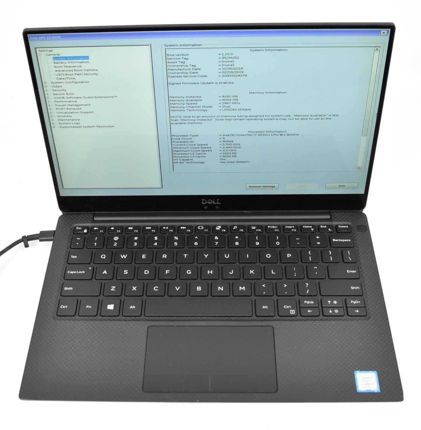 Dell XPS 13 9370 Laptop i7-8550U 1.8GHz 8GB 256GB SSD HD No OS 13.3″ *See Detail