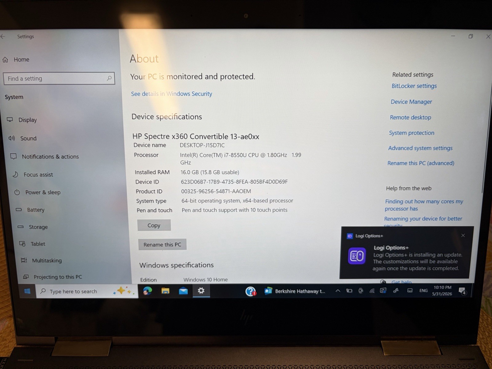 HP Spectre x360 13-ae0xx, i7-8550U, 16GB, 512GB SSD, 13in FHD Windows 10 home
