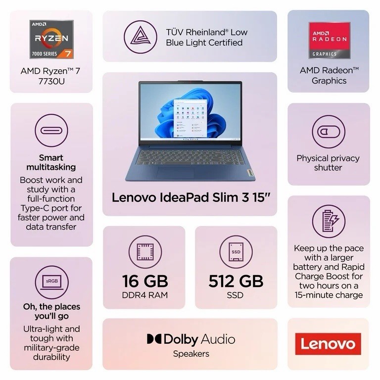 LENOVO 82XM00BAUS IdeaPad Slim 3 15ABR8 15.6″ FHD Touchscreen Ryzen 7 7730U 2GHz