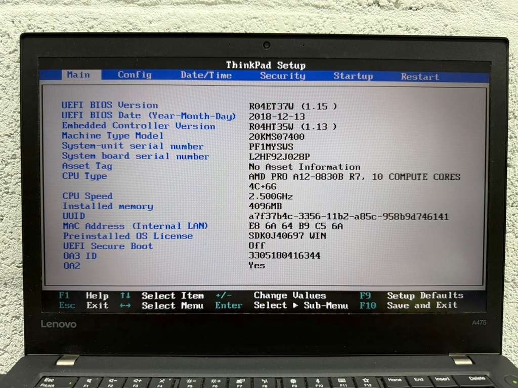 Lenovo ThinkPad A475 14″ AMD PRO A12-8830B 4GB RAM -MISSING KEY