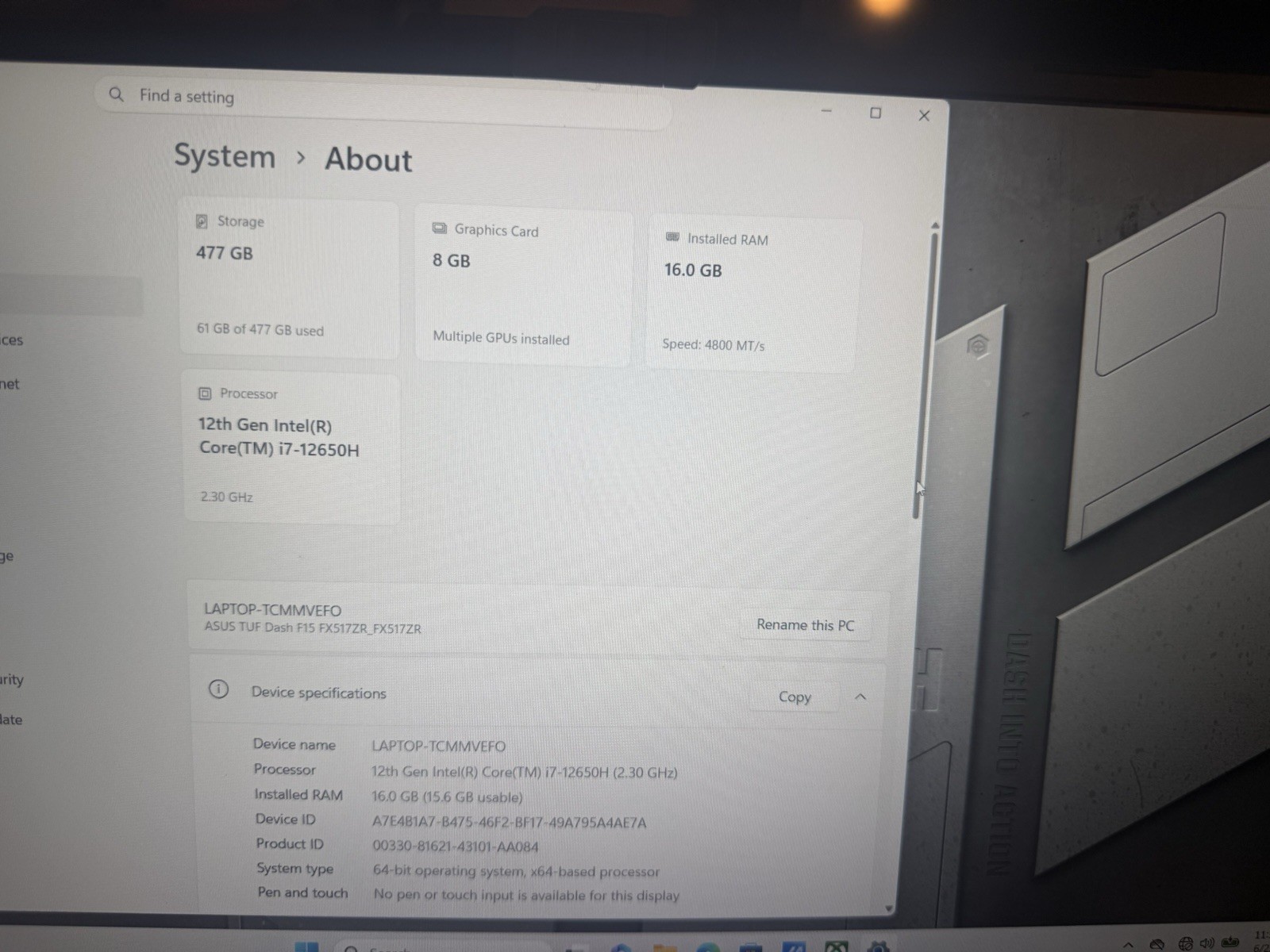 ASUS TUF Dash F15 FX517ZR 15.6″ 144Hz Gaming Laptop i7-12650H 16GB 512GB RTX3070