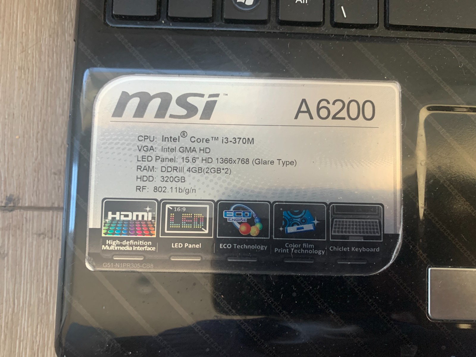 MIS A6200 MS-1681 15.6” Intel Core i3 M370 2.40GHz 4GB RAM 320GB HDD Win 10 Pro