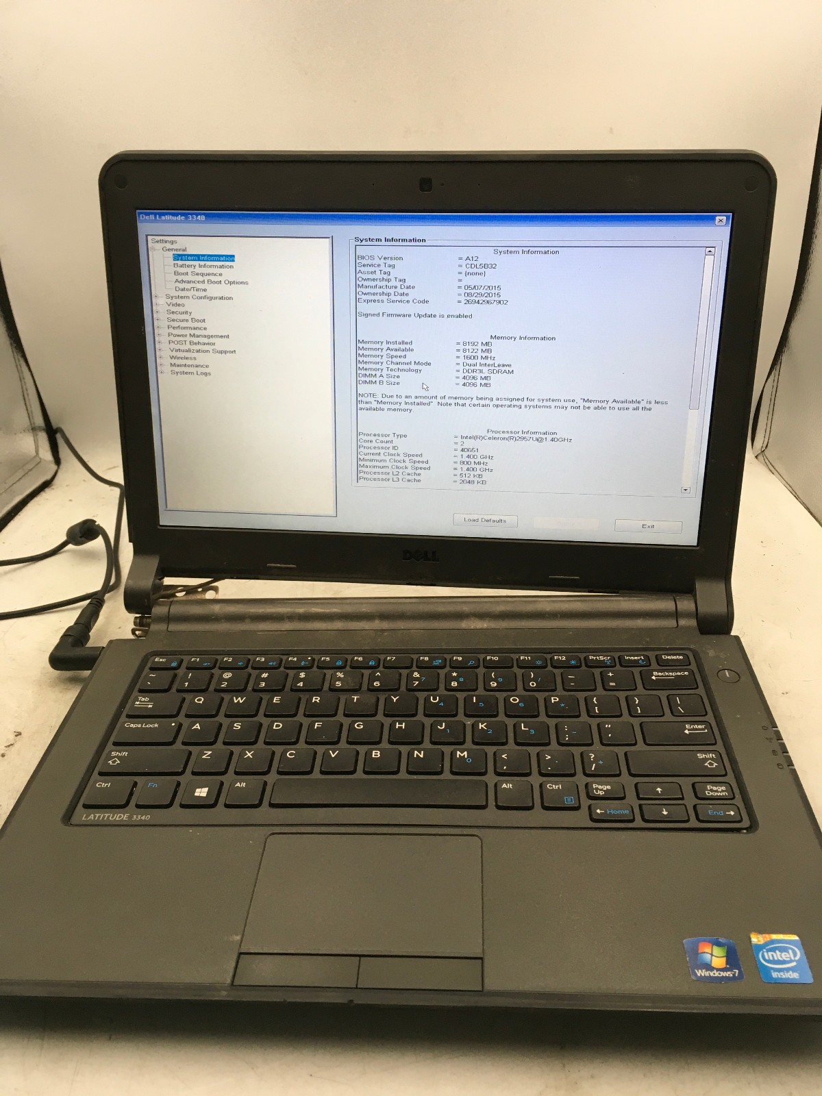 DELL LATITUDE 3340 – BOOTS TO BIOS – BAD HINGE – 8GB RAM – INTEL CELERON – BB