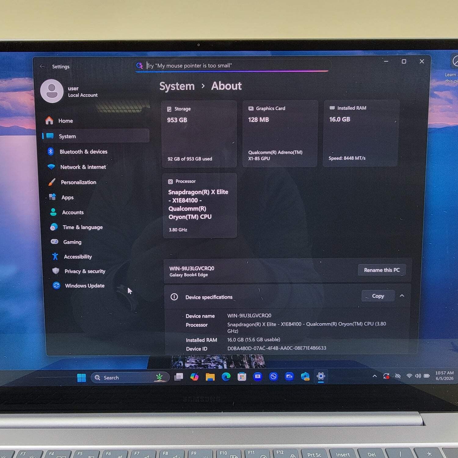 Samsung GalaxyBook4 Edge NP960XMB 16″ Snapdragon X Elite 3.8GHz 16GB RAM 1TB SSD