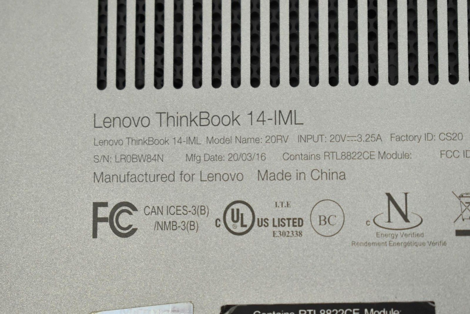 Lenovo Thinkbook 14-IML i5-10210U 1.6GHz 8GB 256GB SSD No OS *See Issues*