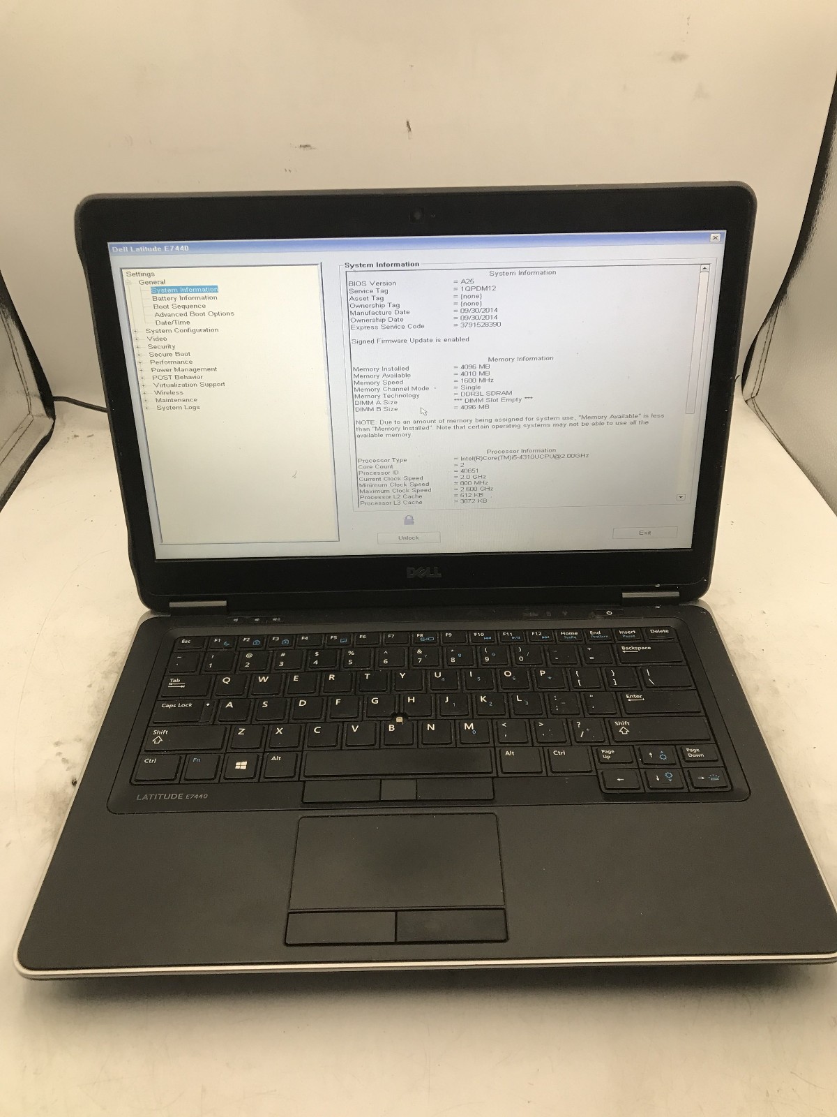 DELL LATITUDE E7440 – BOOTS TO BIOS/LOCKED – INTEL I5 4310U – NO RAM – READ – BB