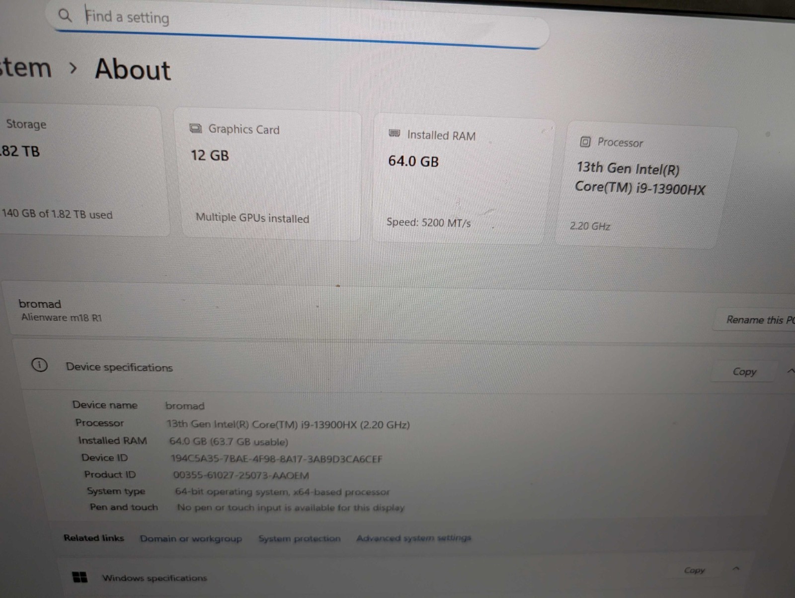 Dell Alienware M18 R1 13th Gen i9-13900HX 64GB 2TB RAID1 RTX4080 1920×1200 480Hz