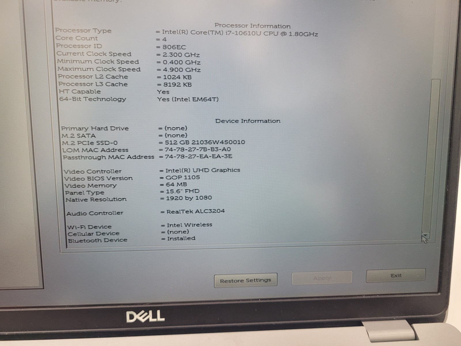 Dell Latitude 5510,i7-10610U@1.80GHz,16GB Ram,512GB NVMe,NO OS