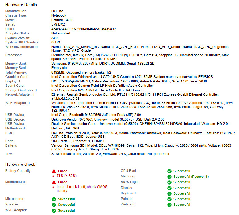 Dell Latitude 3400, i5-8265U CPU, @ 1.60GHz, 8GB RAM-No HDD/OS/Charger