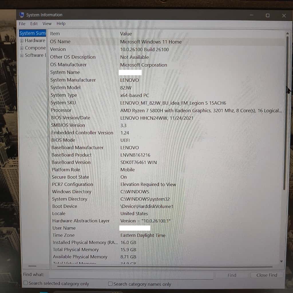 Lenovo Legion 5 15ACH6 – 16GB RAM – AMD Ryzen 7 5800H / Radeon, 3201 Mhz, 8 Core